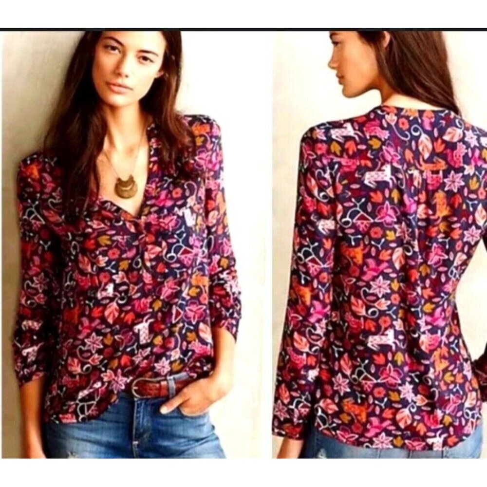 Anthropologie‎ Maeve Primitive Animal Print Nature Artsy Novelty Blouse Size 2